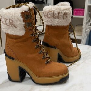 Moncler Women's Brown Heeled Boots with Fur Trim